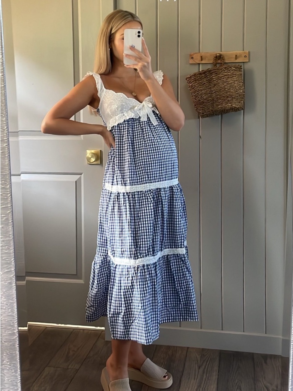 Goodnight Macaroon Blue and White Gingham Lace-Trim Midi Dress